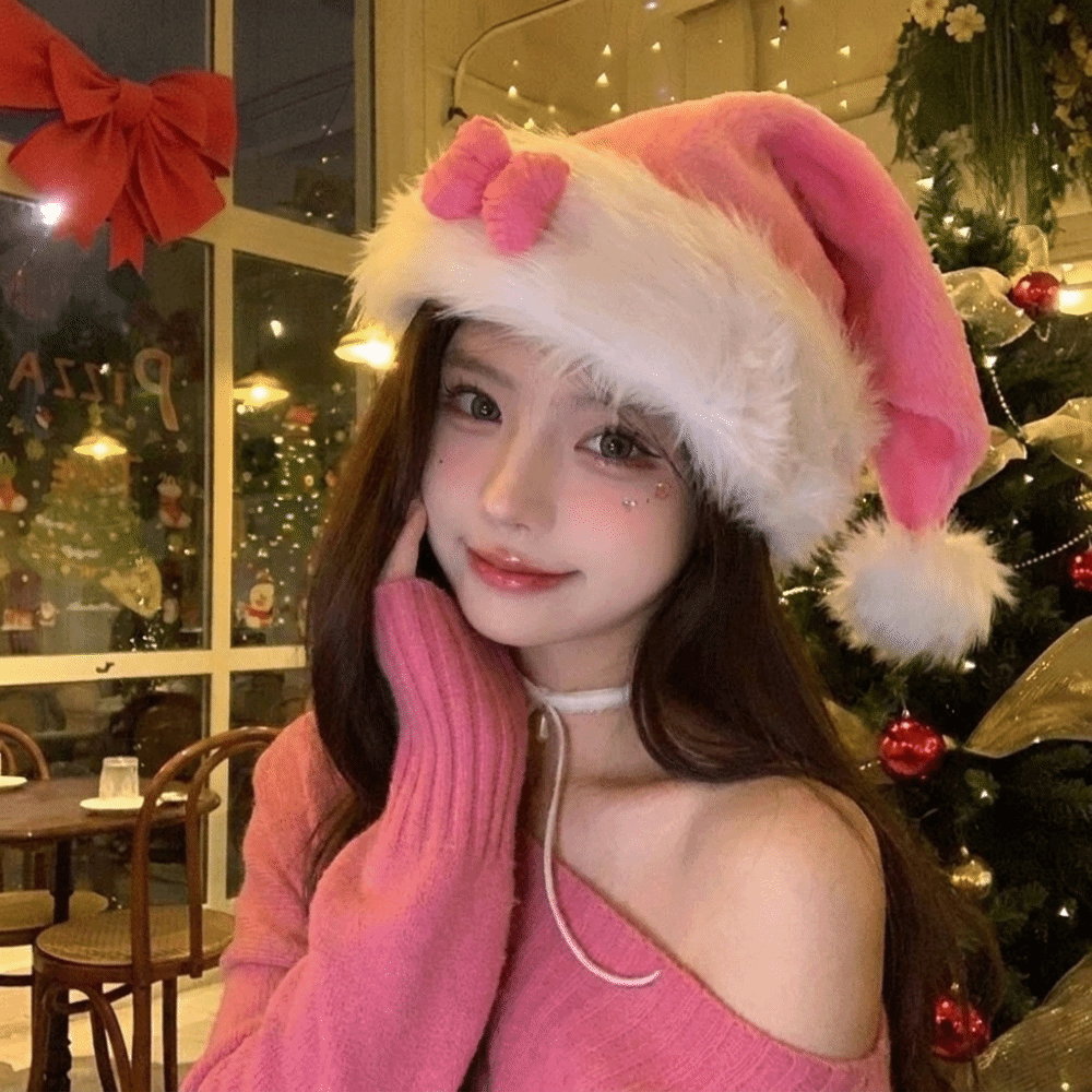 Chic Star Pattern Pink Bow San - Santa Hat Plush ulasan dan harga